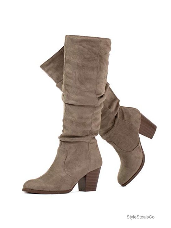 Shoes - Slouchy Knee High Block Heel Boots Vegan Almond Toe Pull On